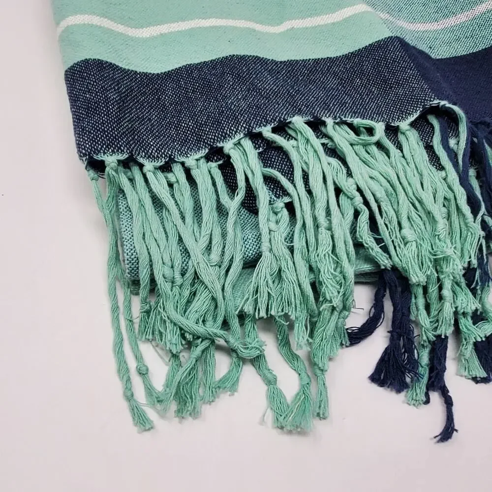 West Elm Multicolor Green Fringed 100% Cotton Throw Blanket Excellent condition